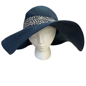 Serra Paper Natural Floppy Boho Beach Hat Sunshade w/ Ribbon Navy OS NWT